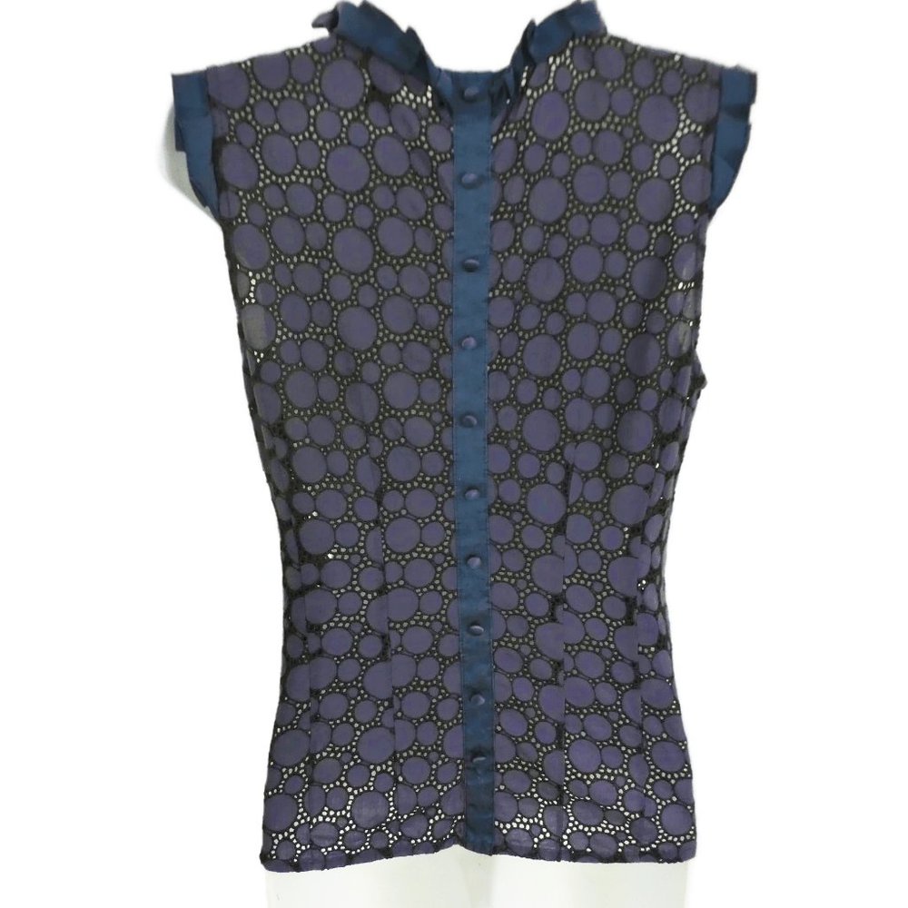 Y2K Bebe Navy Blue Top Satin Ruffles Sequins Lace Inset Side Zip Button Back S - Picture 4 of 10